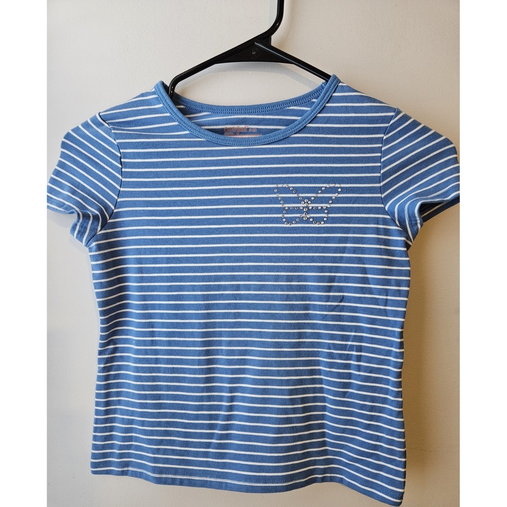 Cat & Jack Girls Blue White Striped T-Shirt Size M 8 Butterfly Rhinestone‎ Top